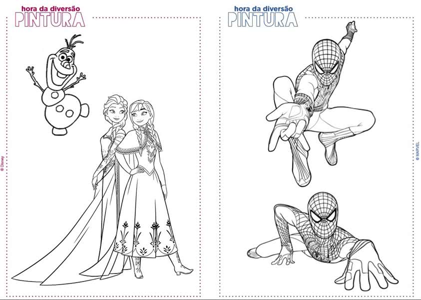 Colorir Elsa Frozen e Homem Aranha Spider Man com pintura colorida 