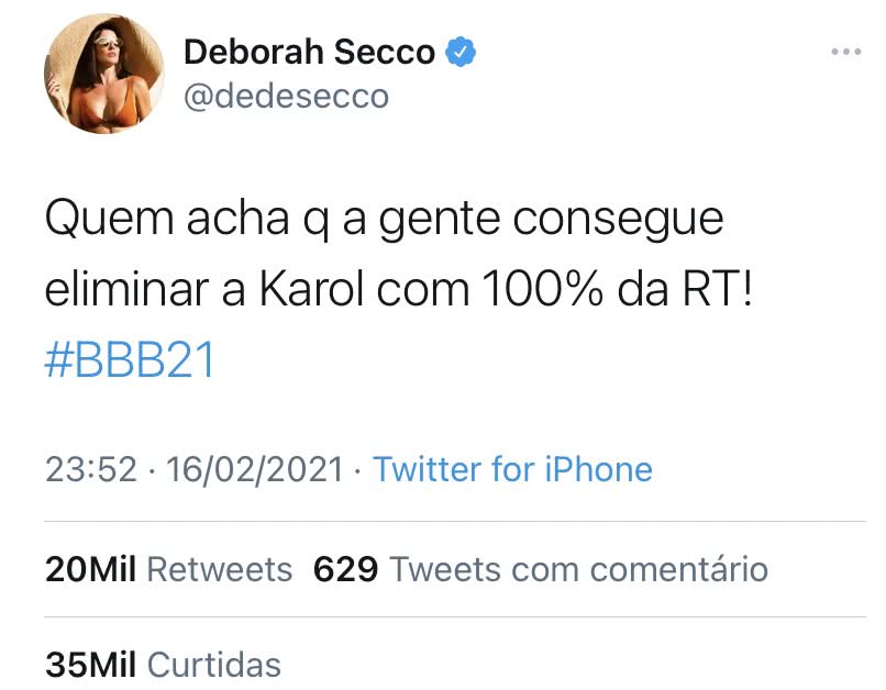 Deborah Secco fez 'campanha' pela saída da rapper Karol Conká no BBB21 (Reprodução/ Twitter)
