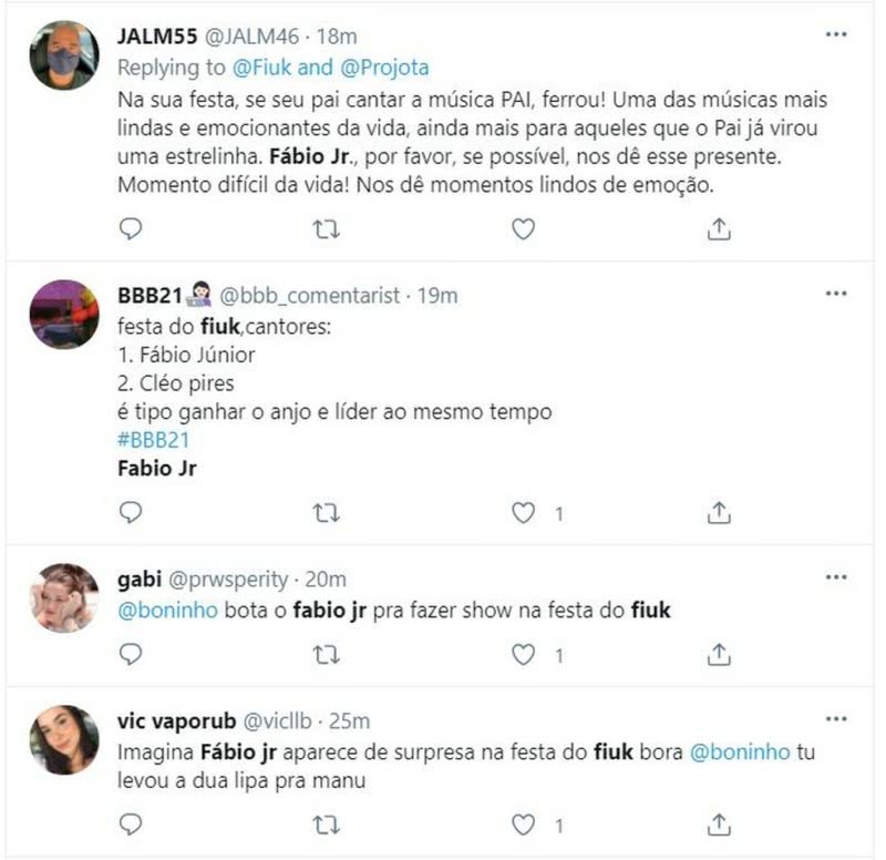 Interlocução no Twitter do público que é fã do Big Brother Brasil 21 (REprodução)