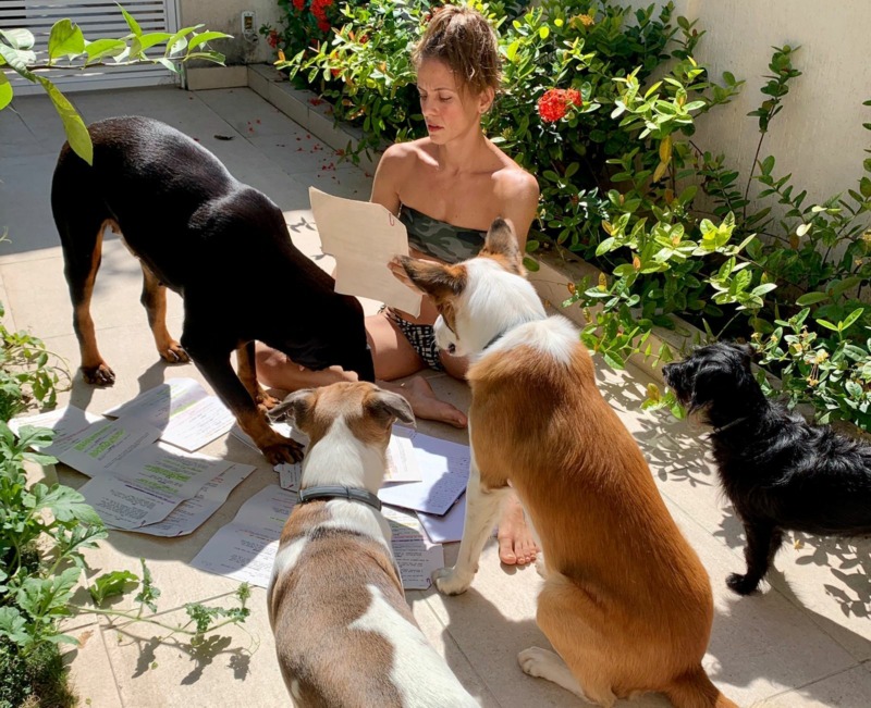 A atriz com Fiona, Nina, Zeca e Kikinho, seus filhos caninos: "Já me considero mãe. Sou daquelas supermães de cachorro. Quando vou para algum lugar, sempre penso em levá-los" (Acervo pessoal)