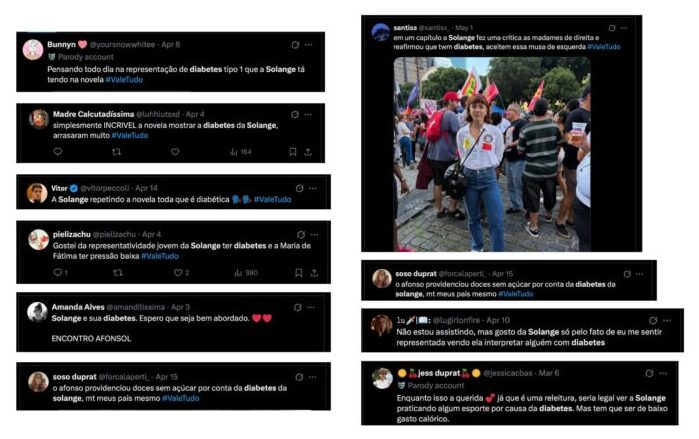 Comentários nas redes sociais sobre a abordagem da diabetes de Solange Duprat, no remake de "Vale Tudo"(Reprodução/X)