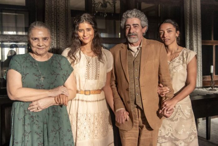 Augusta Ferraz, Isadora Cruz, Cláudio Jaborandy e Alice Carvalho em 'Guerreiros do Sol' (Foto: Divulgação/Globo)