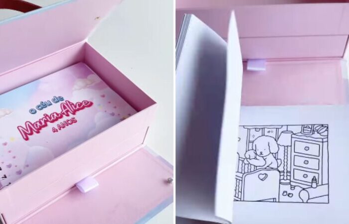 O brinde do aniversário de 4 anos de Maria Alice, filha da influenciadora Virginia e do cantor Zé Felipe foi um livrinho de colorir, no estilo “Boobie Goods”, em uma caixa com o nome da menina. (Reprodução/Instagram)