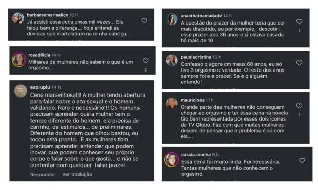 Comentários sobre a cena em que Leila diz a Marco Aurélio que teve o primeiro orgasmo, no remake de “Vale Tudo” (Reprodução/Instagram) 