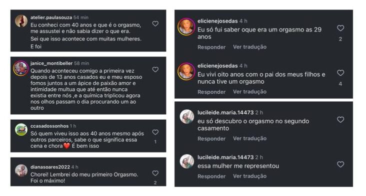 Comentários sobre a cena em que Leila diz a Marco Aurélio que teve o primeiro orgasmo, no remake de “Vale Tudo” (Reprodução/Instagram) 