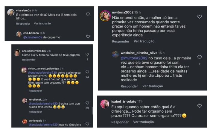 Comentários sobre a cena em que Leila diz a Marco Aurélio que teve o primeiro orgasmo, no remake de “Vale Tudo” (Reprodução/Instagram) 